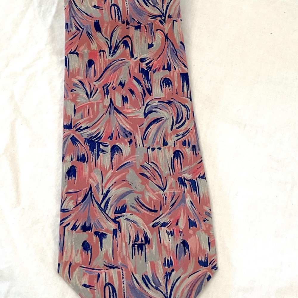 Enrico Coveri VNTG Italian Silk Tie with Pink Grey and Blue Tiki Hut Theme